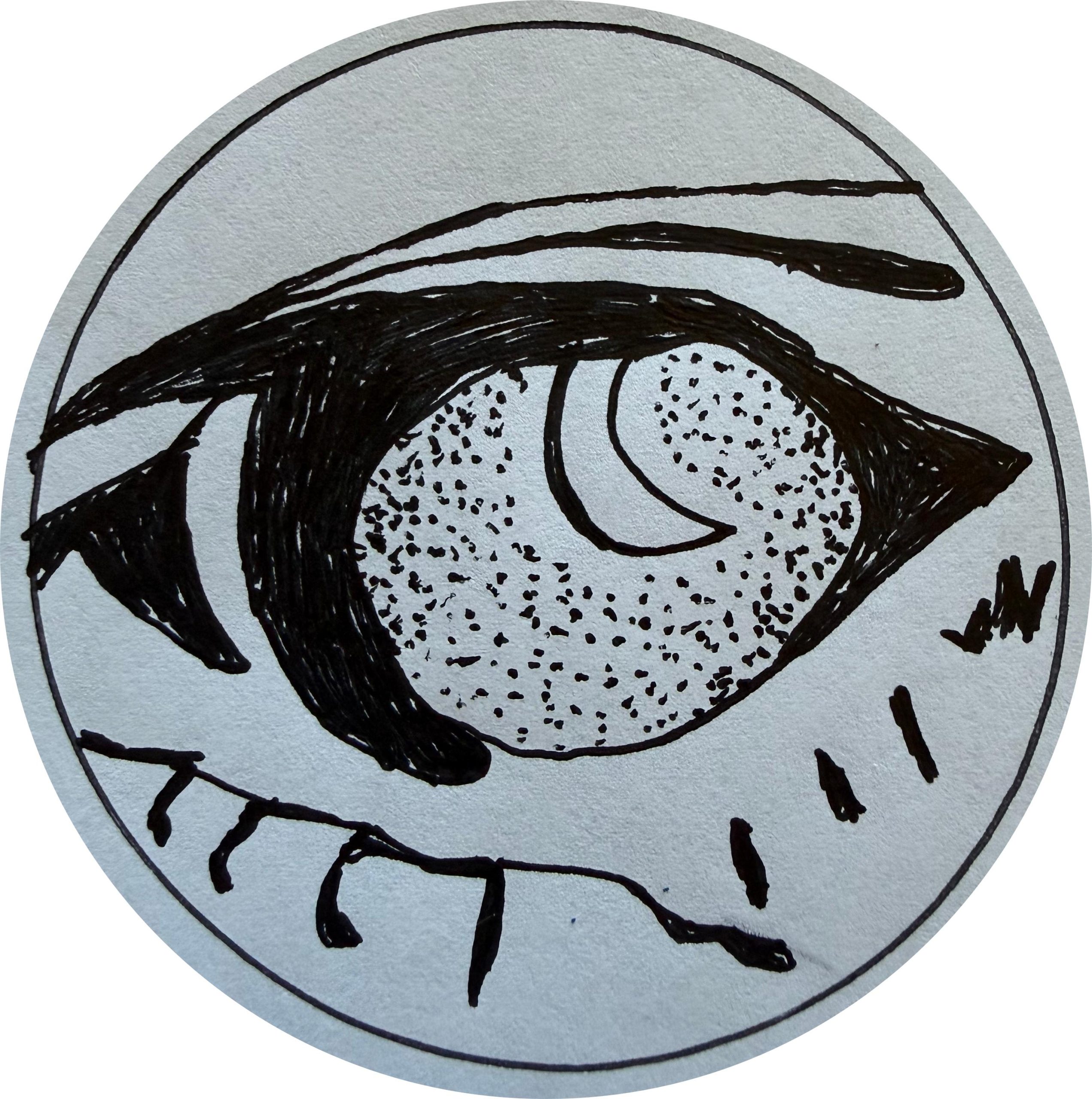 a black and white drawing of a reptilian eye with a crescent moon as the pupil